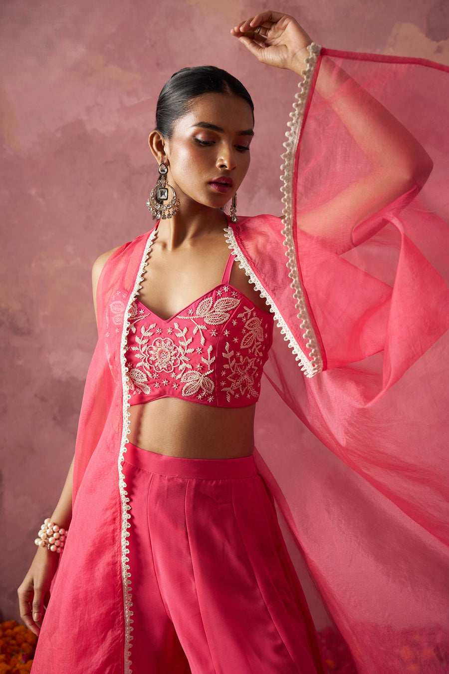 Pink Georgette Palazzo with Blouse with Cap Dupatta For Indian Festivals & Pakistani Weddings - Khatli Work, Hand Work