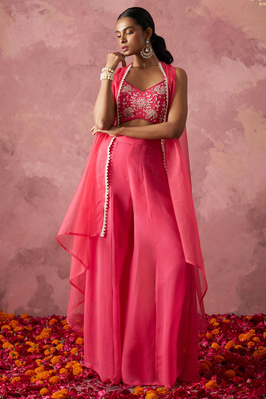 Pink Georgette Palazzo with Blouse with Cap Dupatta For Indian Festivals & Pakistani Weddings - Khatli Work, Hand Work