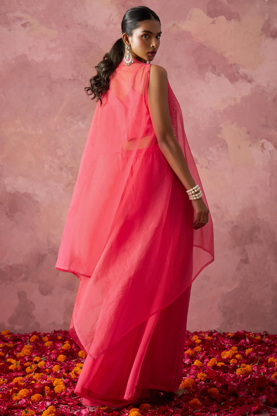 Pink Georgette Palazzo with Blouse with Cap Dupatta For Indian Festivals & Pakistani Weddings - Khatli Work, Hand Work