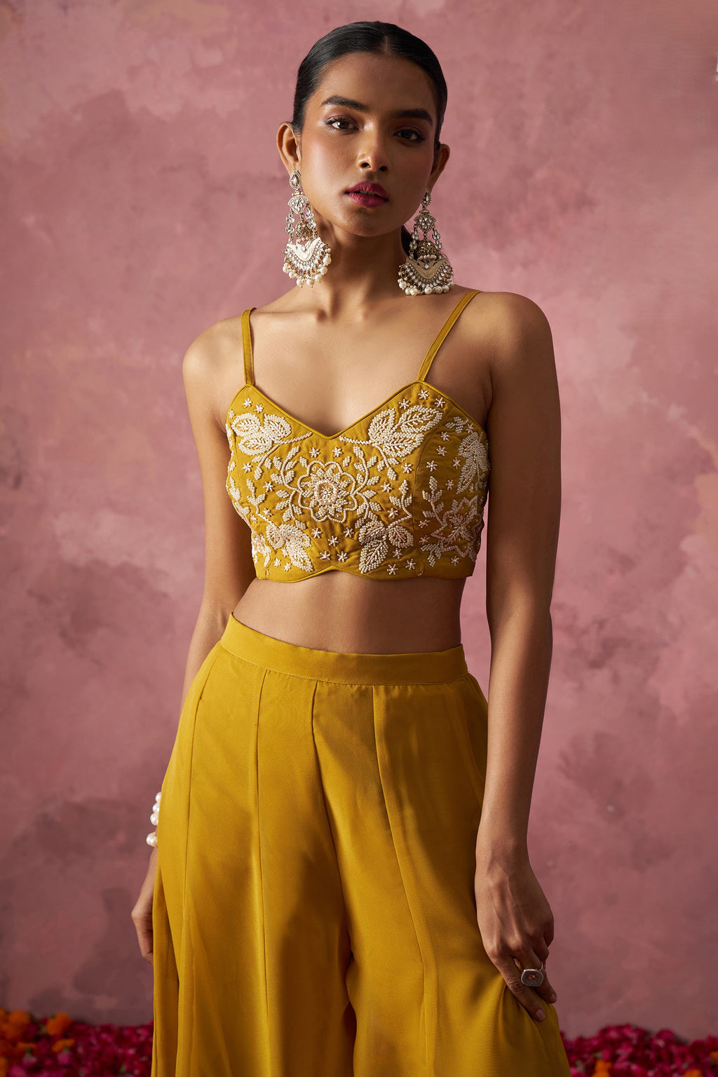 Golden Georgette Palazzo with Blouse with Cap Dupatta For Indian Festivals & Pakistani Weddings - Khatli Work, Hand Work