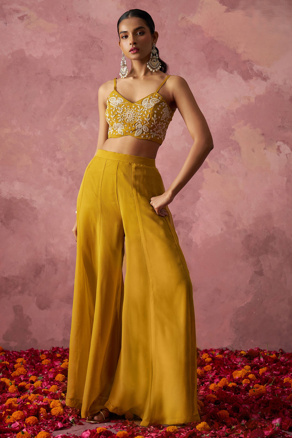 Golden Georgette Palazzo with Blouse with Cap Dupatta For Indian Festivals & Pakistani Weddings - Khatli Work, Hand Work