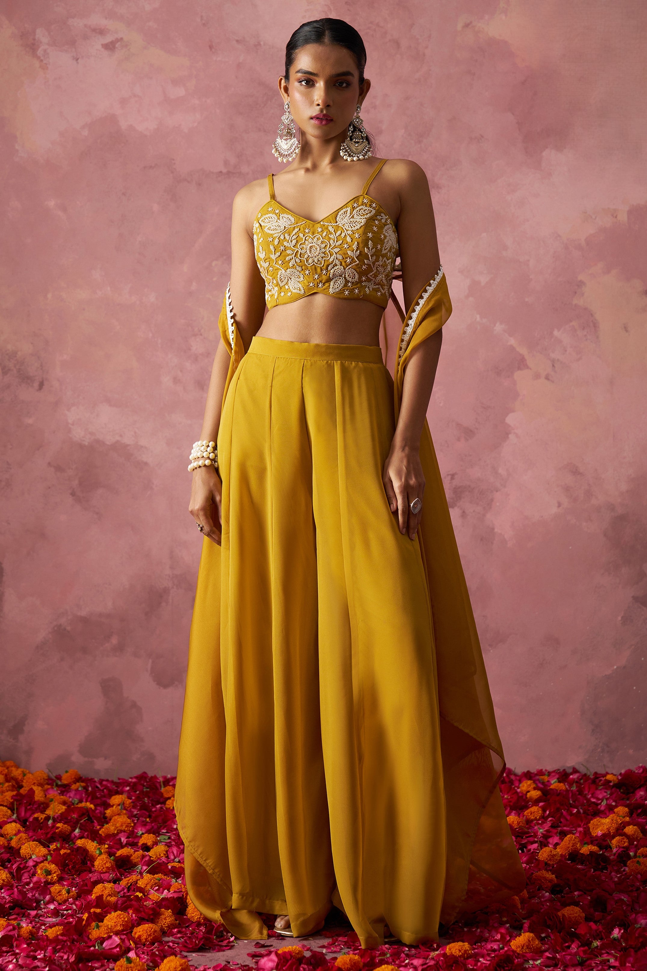 Golden Georgette Palazzo with Blouse with Cap Dupatta For Indian Festivals & Pakistani Weddings - Khatli Work, Hand Work