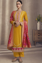 Yellow Simmer Silk Kameez with Pant For Indian Festivals & Weddings - Embroidery Work