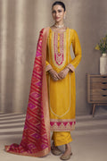 Yellow Simmer Silk Kameez with Pant For Indian Festivals & Weddings - Embroidery Work