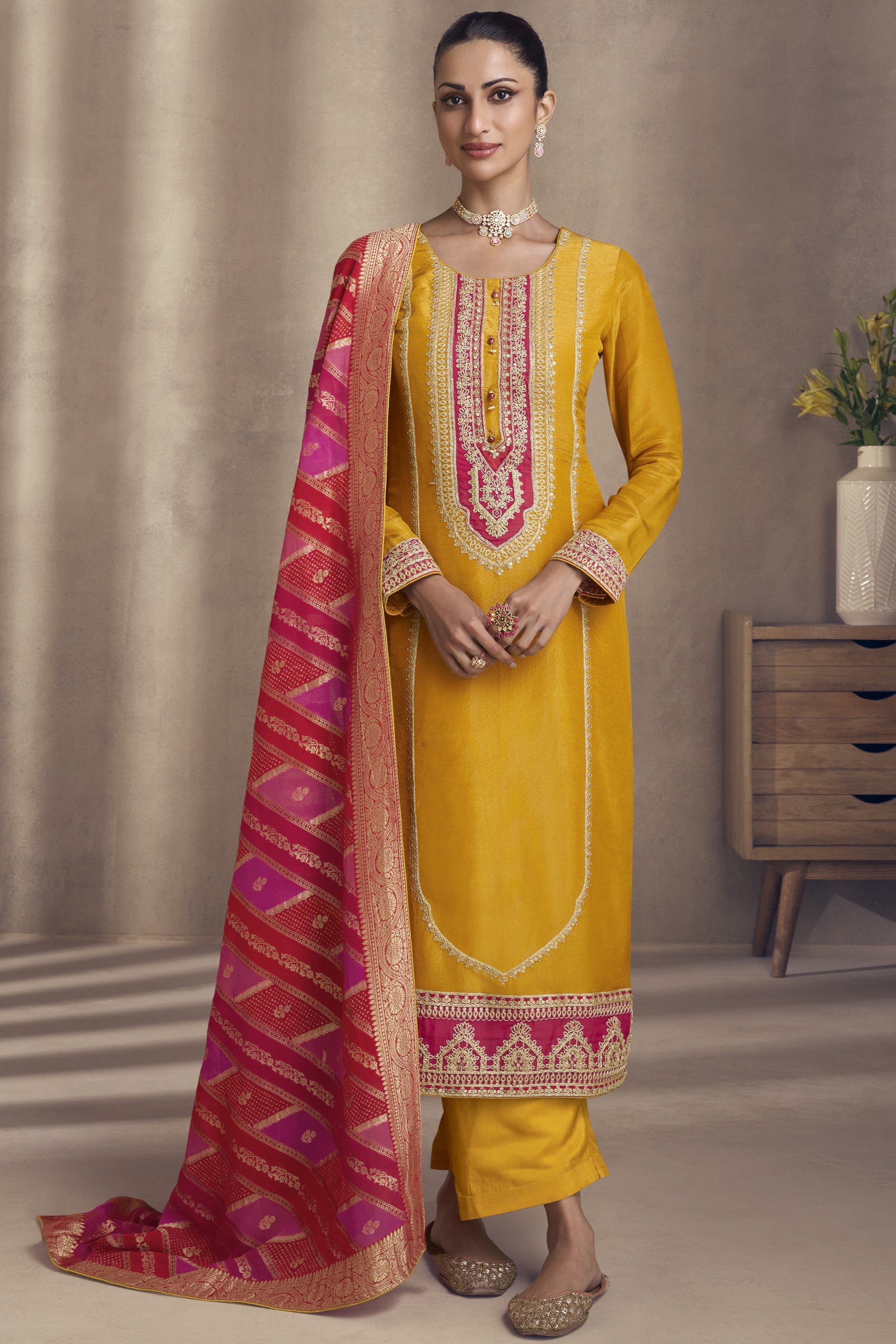 Yellow Simmer Silk Kameez with Pant For Indian Festivals & Weddings - Embroidery Work