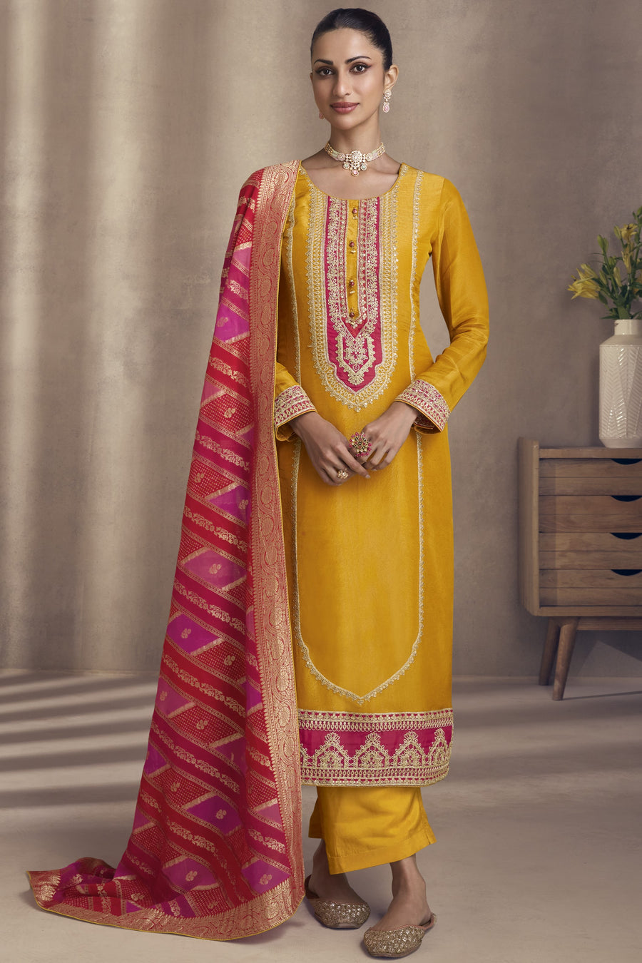 Yellow Simmer Silk Kameez with Pant For Indian Festivals & Weddings - Embroidery Work