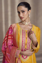 Yellow Simmer Silk Kameez with Pant For Indian Festivals & Weddings - Embroidery Work