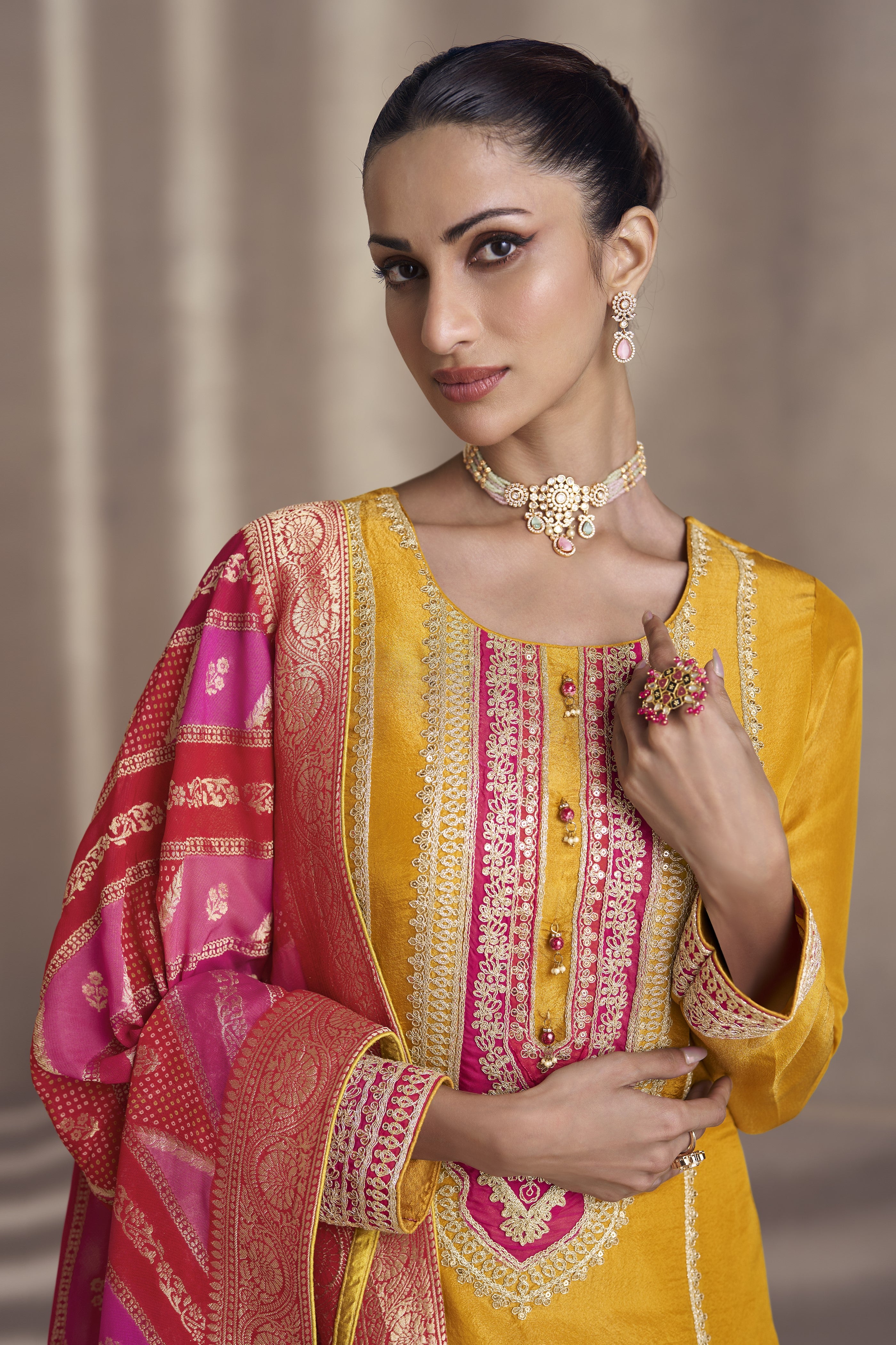 Yellow Simmer Silk Kameez with Pant For Indian Festivals & Weddings - Embroidery Work