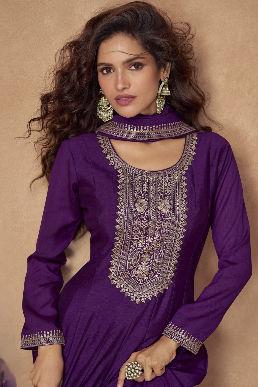 Dark Purple Chinon Silk Floor Full Length Partywear Anarkali Suit For Indian Festival & Pakistani Weddings - Embroidery Work