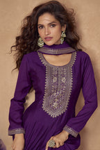 Dark Purple Chinon Silk Floor Full Length Partywear Anarkali Suit For Indian Festival & Pakistani Weddings - Embroidery Work
