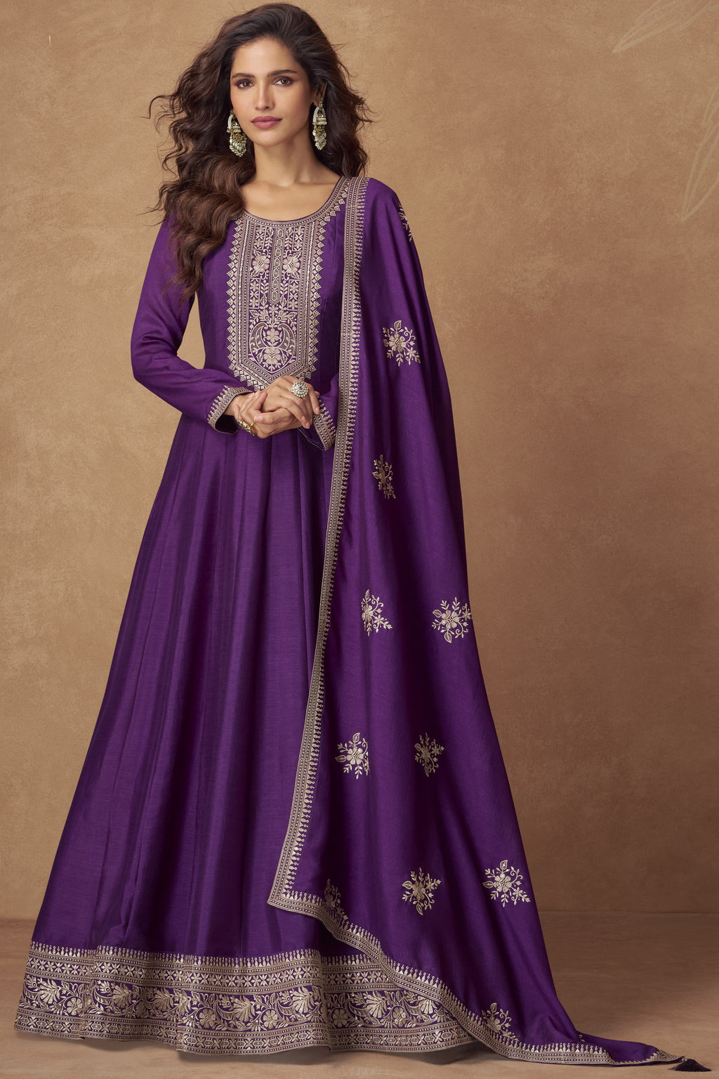 Dark Purple Chinon Silk Floor Full Length Partywear Anarkali Suit For Indian Festival & Pakistani Weddings - Embroidery Work