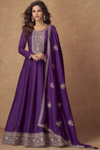 Dark Purple Chinon Silk Floor Full Length Partywear Anarkali Suit For Indian Festival & Pakistani Weddings - Embroidery Work