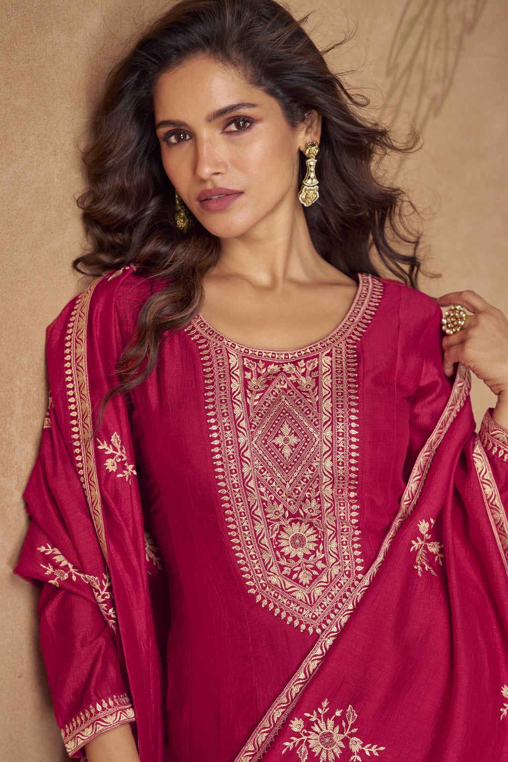 Dark Red Chinon Silk Floor Full Length Partywear Anarkali Suit For Indian Festival & Pakistani Weddings - Embroidery Work