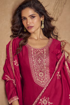 Dark Red Chinon Silk Floor Full Length Partywear Anarkali Suit For Indian Festival & Pakistani Weddings - Embroidery Work