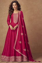 Dark Red Chinon Silk Floor Full Length Partywear Anarkali Suit For Indian Festival & Pakistani Weddings - Embroidery Work