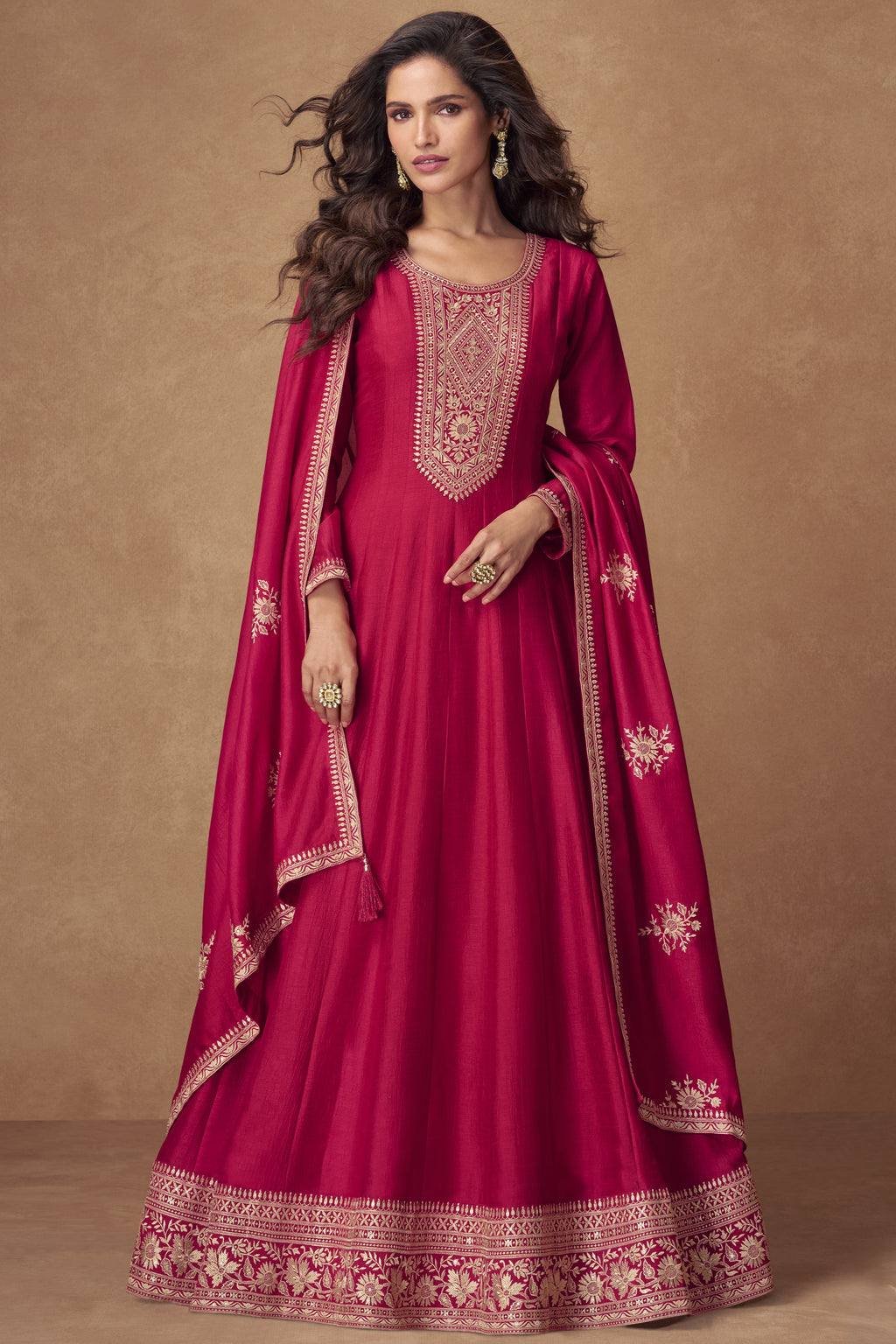 Dark Red Chinon Silk Floor Full Length Partywear Anarkali Suit For Indian Festival & Pakistani Weddings - Embroidery Work