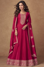 Dark Red Chinon Silk Floor Full Length Partywear Anarkali Suit For Indian Festival & Pakistani Weddings - Embroidery Work