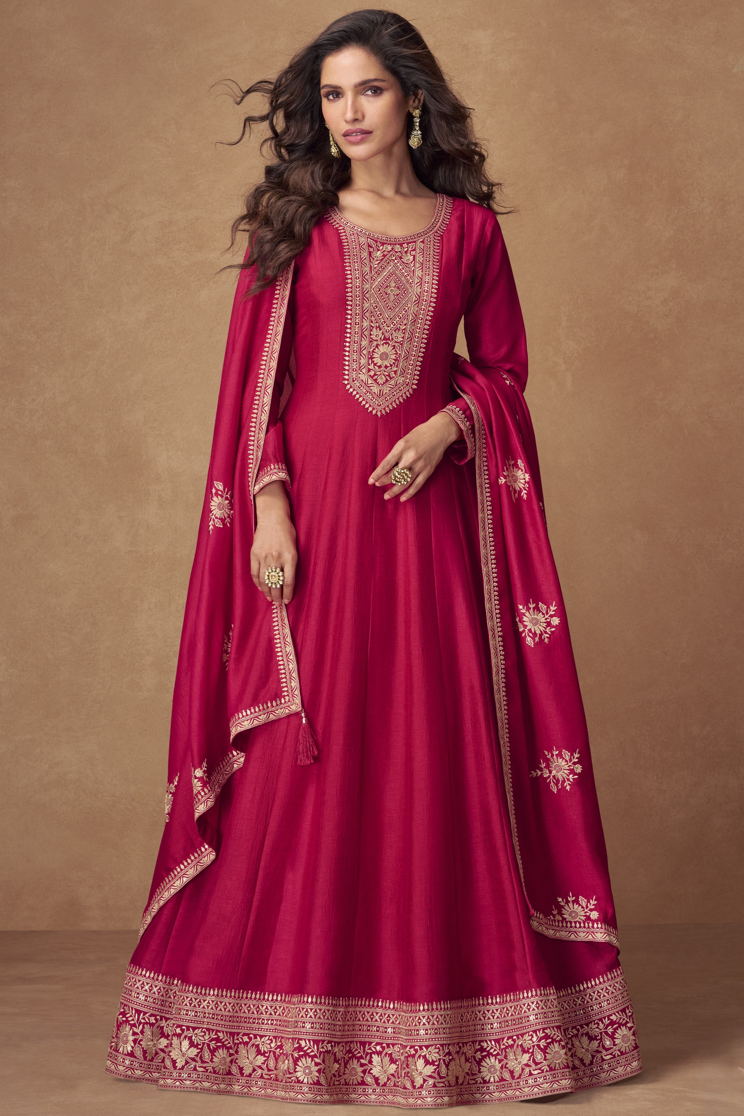 Dark Red Chinon Silk Floor Full Length Partywear Anarkali Suit For Indian Festival & Pakistani Weddings - Embroidery Work