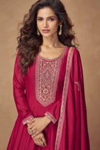Dark Red Chinon Silk Floor Full Length Partywear Anarkali Suit For Indian Festival & Pakistani Weddings - Embroidery Work