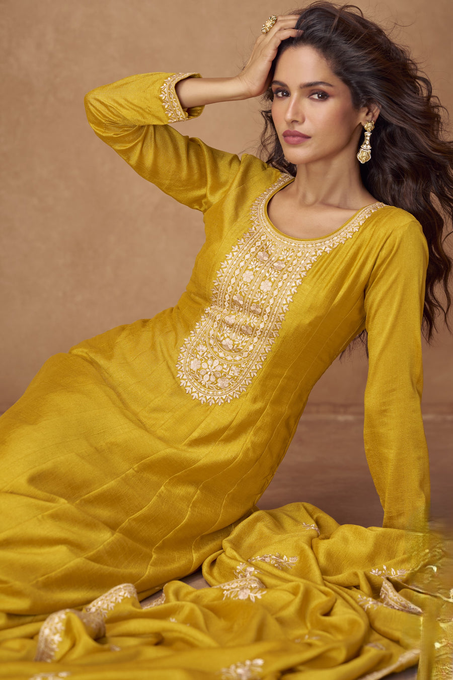 Dark Yellow Chinon Silk Floor Full Length Partywear Anarkali Suit For Indian Festival & Pakistani Weddings - Embroidery Work