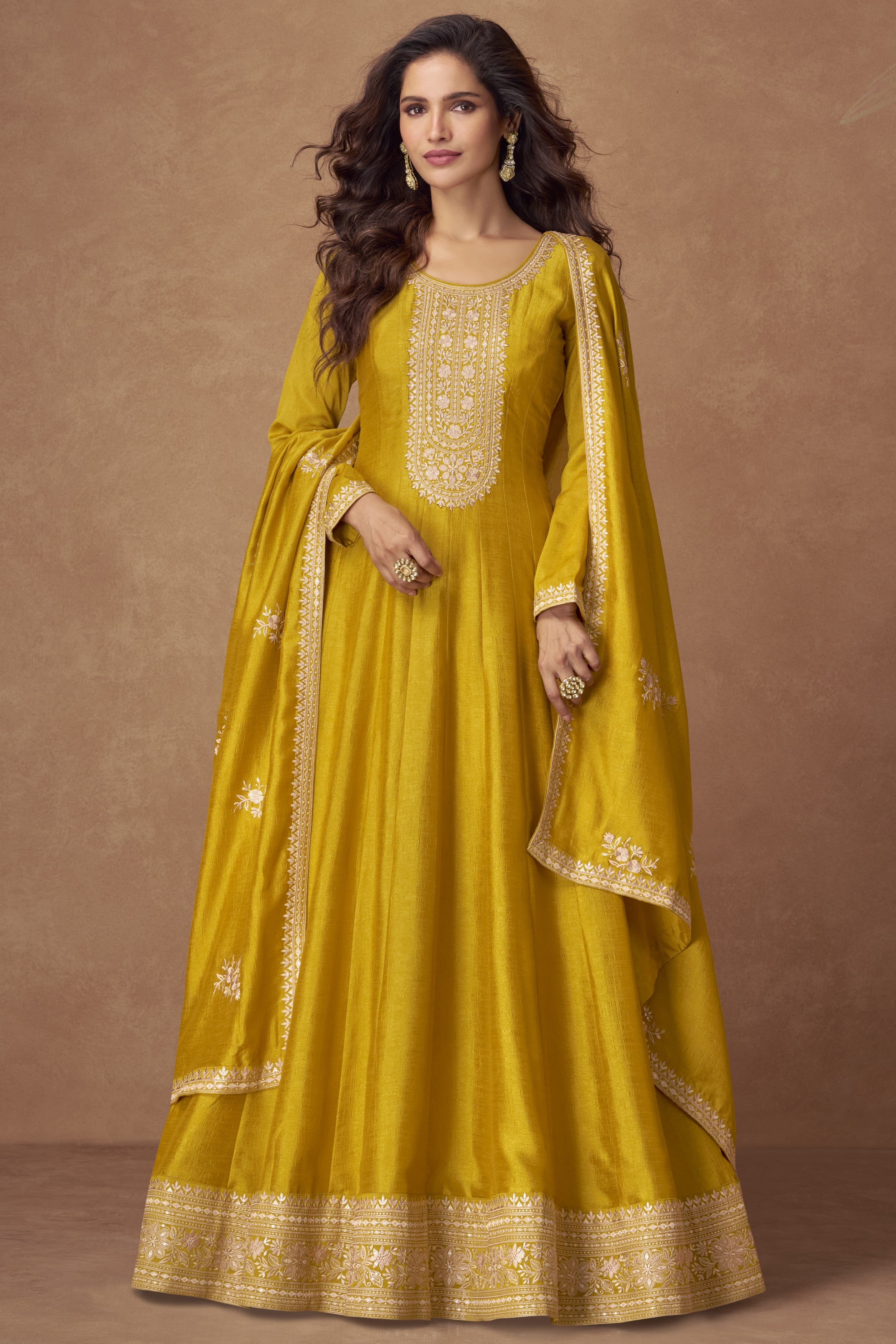 Dark Yellow Chinon Silk Floor Full Length Partywear Anarkali Suit For Indian Festival & Pakistani Weddings - Embroidery Work