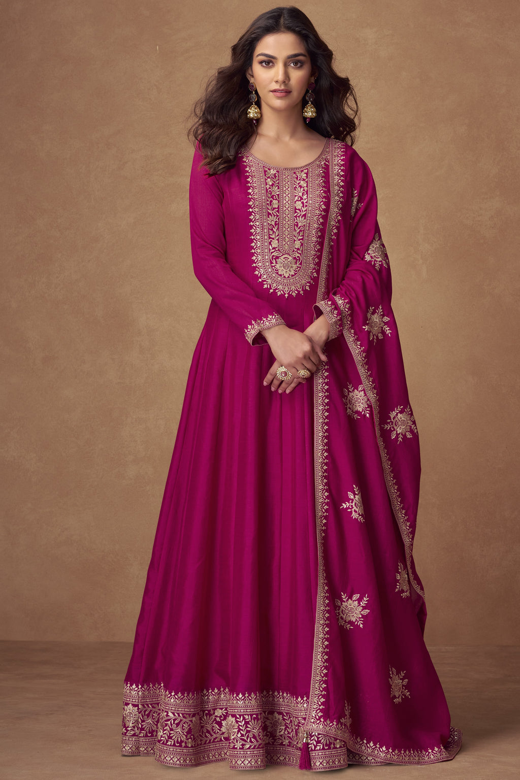 Dark Pink Chinon Silk Floor Full Length Partywear Anarkali Suit For Indian Festival & Pakistani Weddings - Embroidery Work