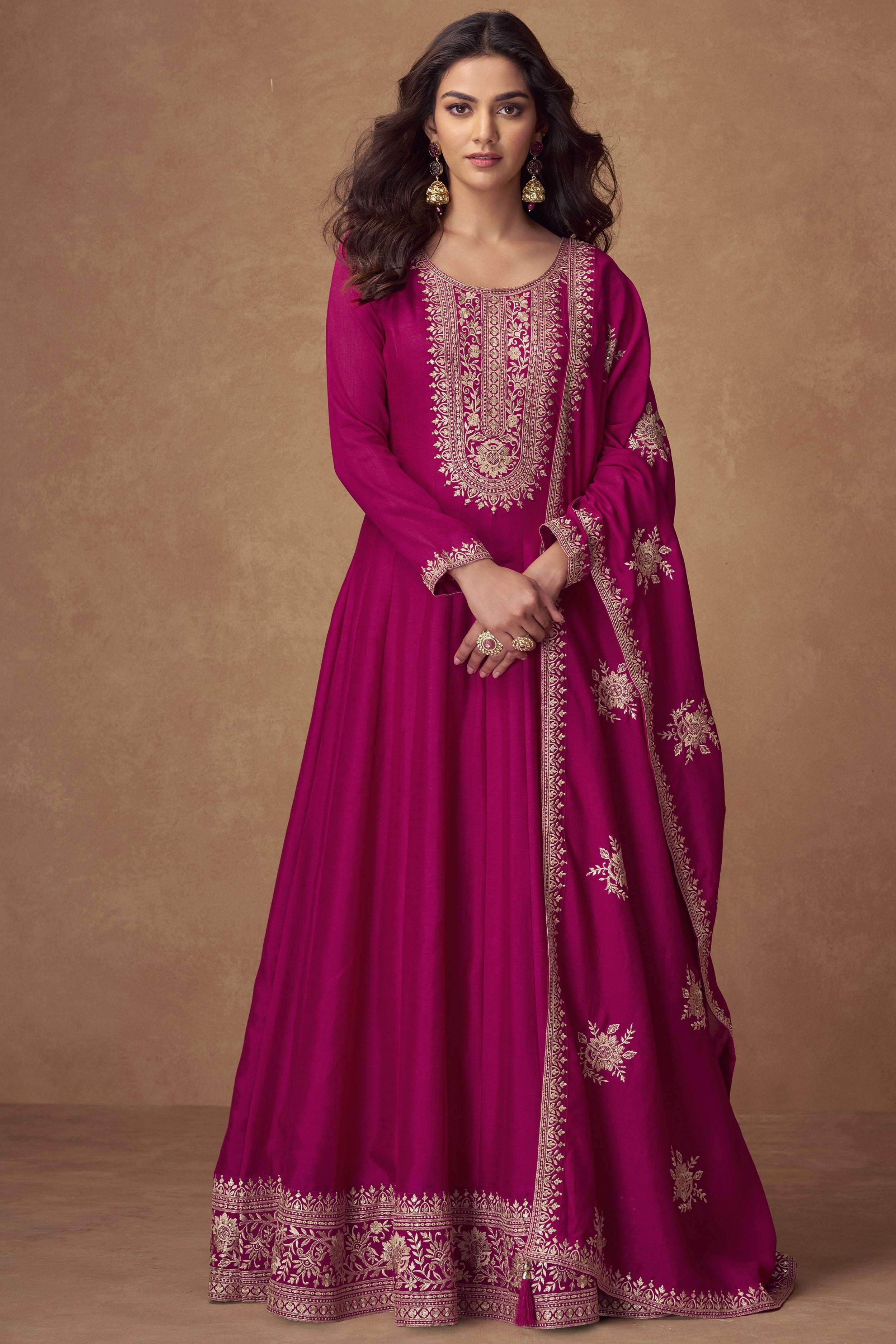 Dark Pink Chinon Silk Floor Full Length Partywear Anarkali Suit For Indian Festival & Pakistani Weddings - Embroidery Work