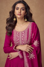 Dark Pink Chinon Silk Floor Full Length Partywear Anarkali Suit For Indian Festival & Pakistani Weddings - Embroidery Work