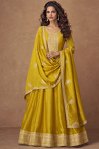 Dark Yellow Chinon Silk Floor Full Length Partywear Anarkali Suit For Indian Festival & Pakistani Weddings - Embroidery Work