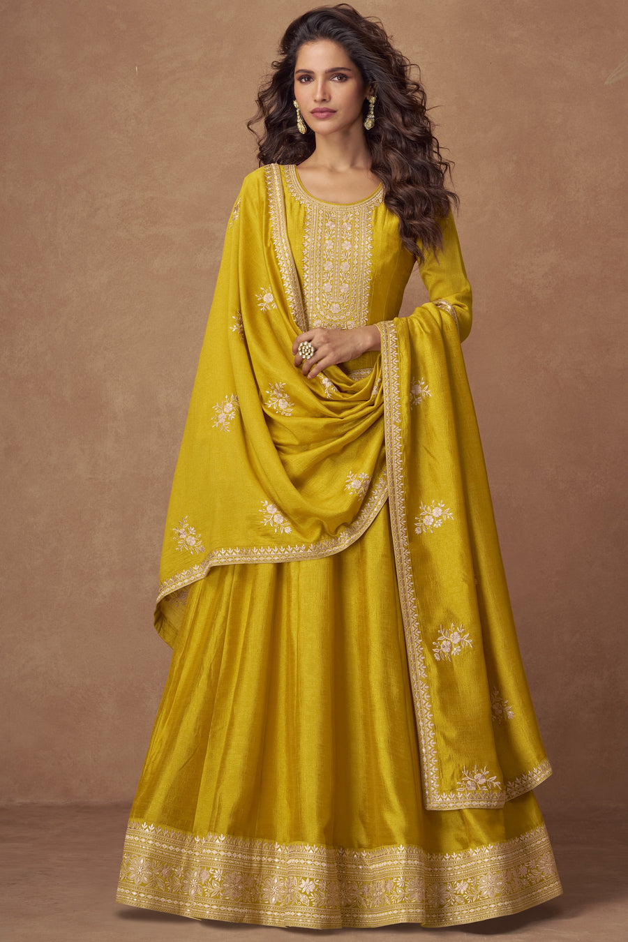 Dark Yellow Chinon Silk Floor Full Length Partywear Anarkali Suit For Indian Festival & Pakistani Weddings - Embroidery Work