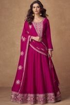Dark Pink Chinon Silk Floor Full Length Partywear Anarkali Suit For Indian Festival & Pakistani Weddings - Embroidery Work