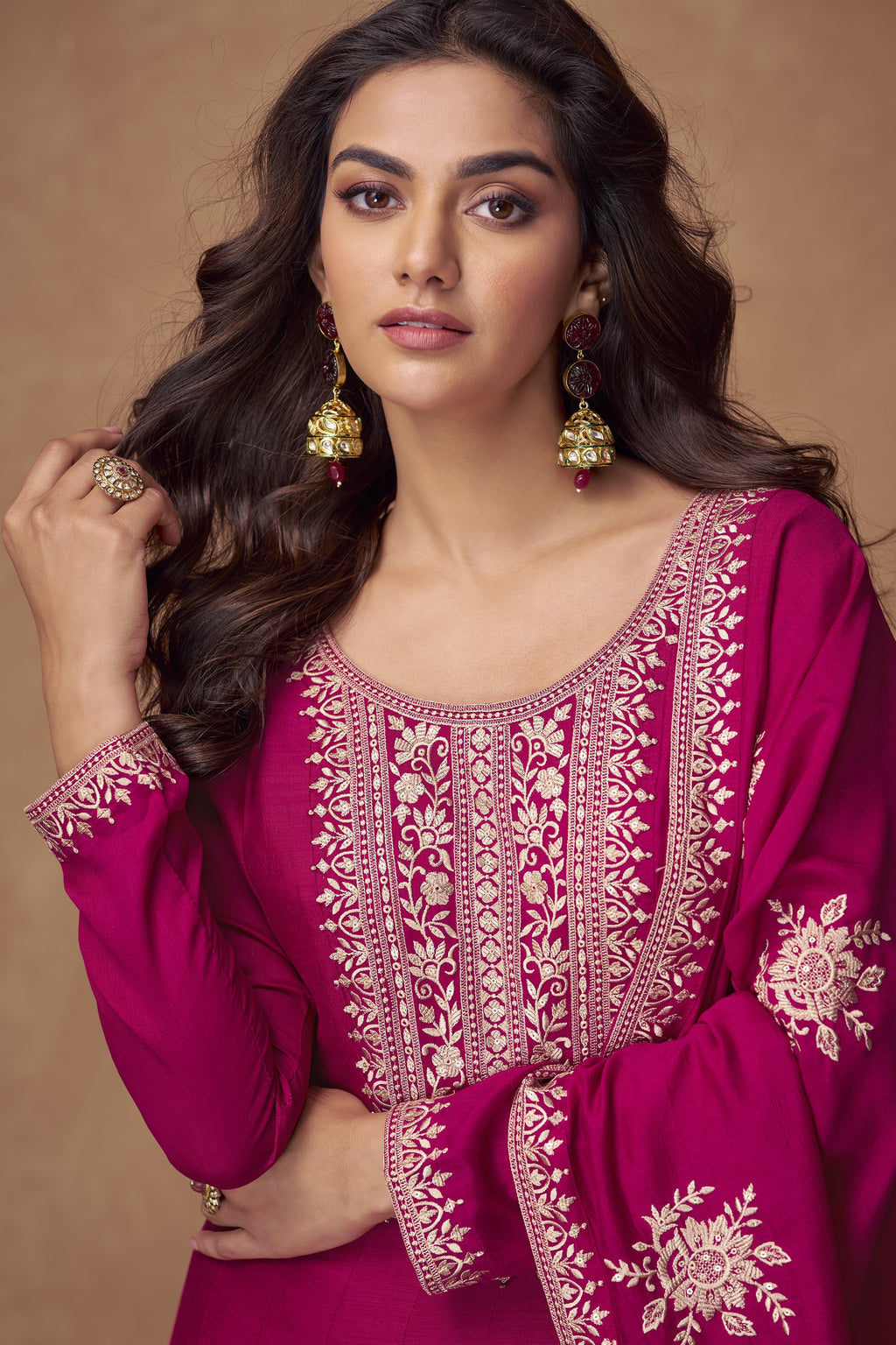 Dark Pink Chinon Silk Floor Full Length Partywear Anarkali Suit For Indian Festival & Pakistani Weddings - Embroidery Work