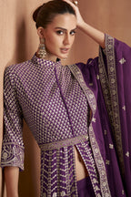 Dark Purple Georgette Floor Full Length Anarkali Suit For Indian Festival & Pakistani Weddings - Embroidery Work