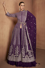 Dark Purple Georgette Front Slit Anarkali Indian Bridal Gowns Suit with Skirt for Wedding - Embroidery Work