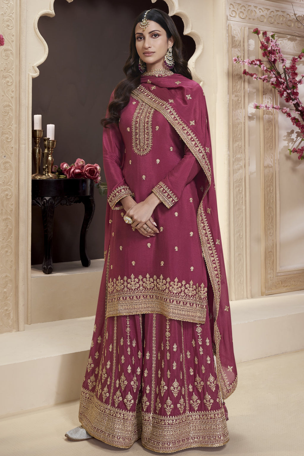 Dark Pink Chinon Silk Palazzo Suit For Indian Wedding & Pakistani Festival - Embroidery Work