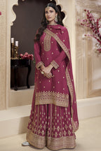 Dark Pink Chinon Silk Palazzo Suit For Indian Wedding & Pakistani Festival - Embroidery Work