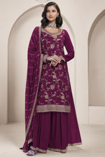 Burgundy Chinon Silk Palazzo Suit For Indian Wedding & Pakistani Festival - Embroidery Work
