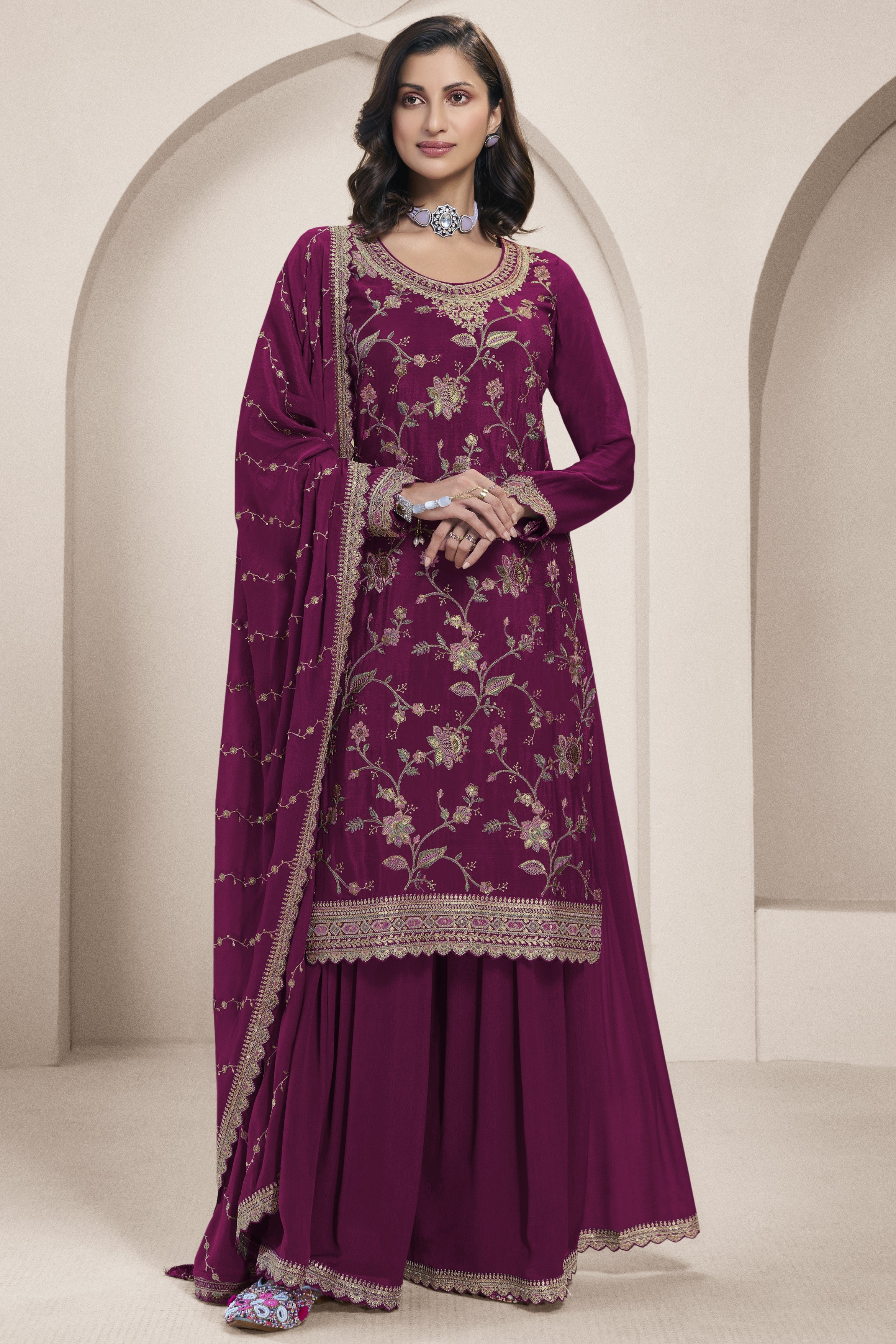 Burgundy Chinon Silk Palazzo Suit For Indian Wedding & Pakistani Festival - Embroidery Work