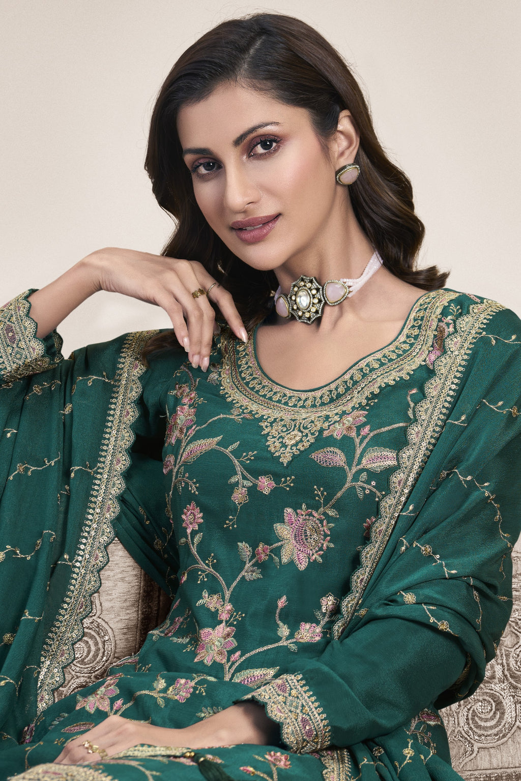 Dark Green Chinon Silk Palazzo Suit For Indian Wedding & Pakistani Festival - Embroidery Work