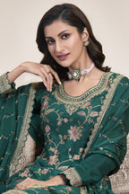 Dark Green Chinon Silk Palazzo Suit For Indian Wedding & Pakistani Festival - Embroidery Work