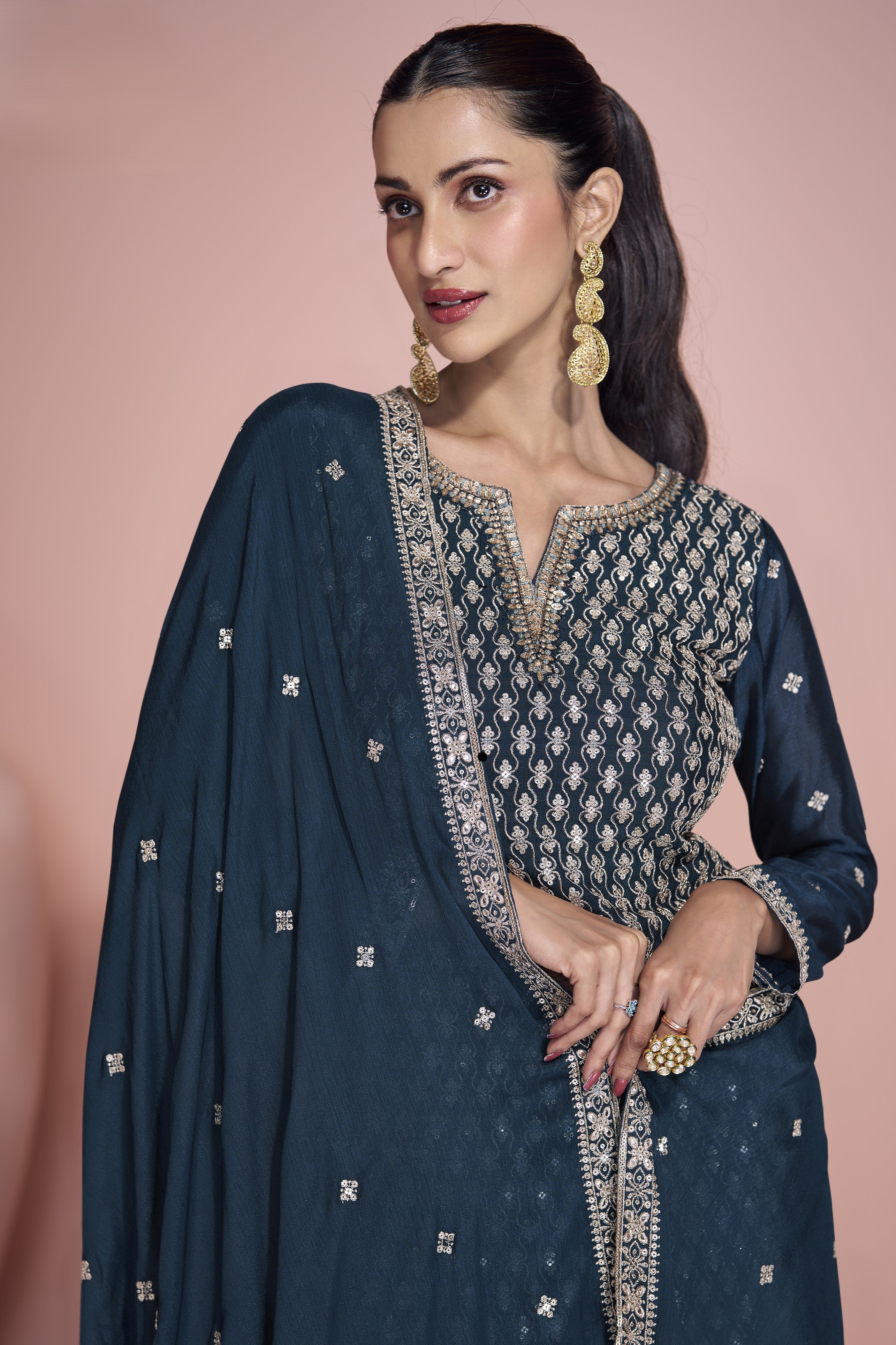 Dark Teal Chinon Silk Sharara Kameez Suit for Pakistani & Indian Festival - Embroidery Work