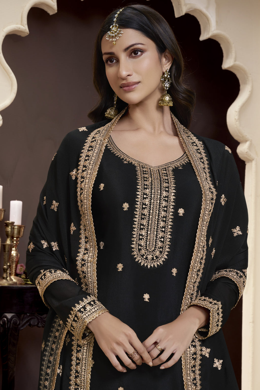 Black Chinon Silk Palazzo Suit For Indian Wedding & Pakistani Festival - Embroidery Work