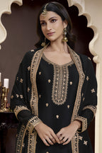 Black Chinon Silk Palazzo Suit For Indian Wedding & Pakistani Festival - Embroidery Work