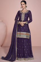 Dark Purple Chinon Silk Sharara Kameez Suit for Pakistani & Indian Festival - Embroidery Work
