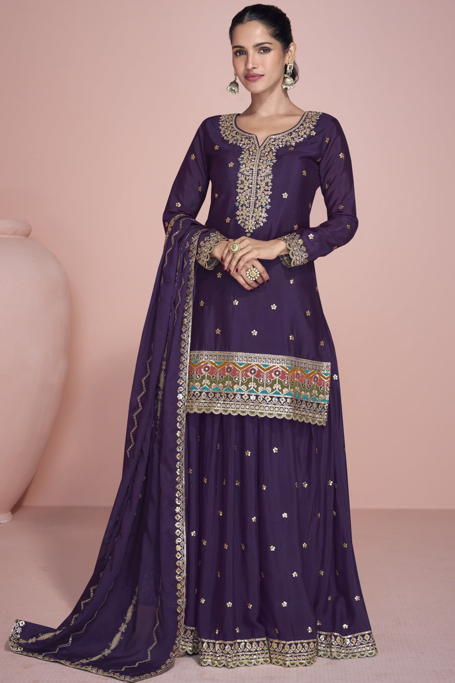 Dark Purple Chinon Silk Sharara Kameez Suit for Pakistani & Indian Festival - Embroidery Work