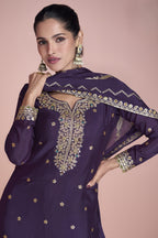 Dark Purple Chinon Silk Sharara Kameez Suit for Pakistani & Indian Festival - Embroidery Work