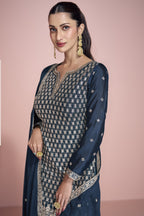 Dark Teal Chinon Silk Sharara Kameez Suit for Pakistani & Indian Festival - Embroidery Work