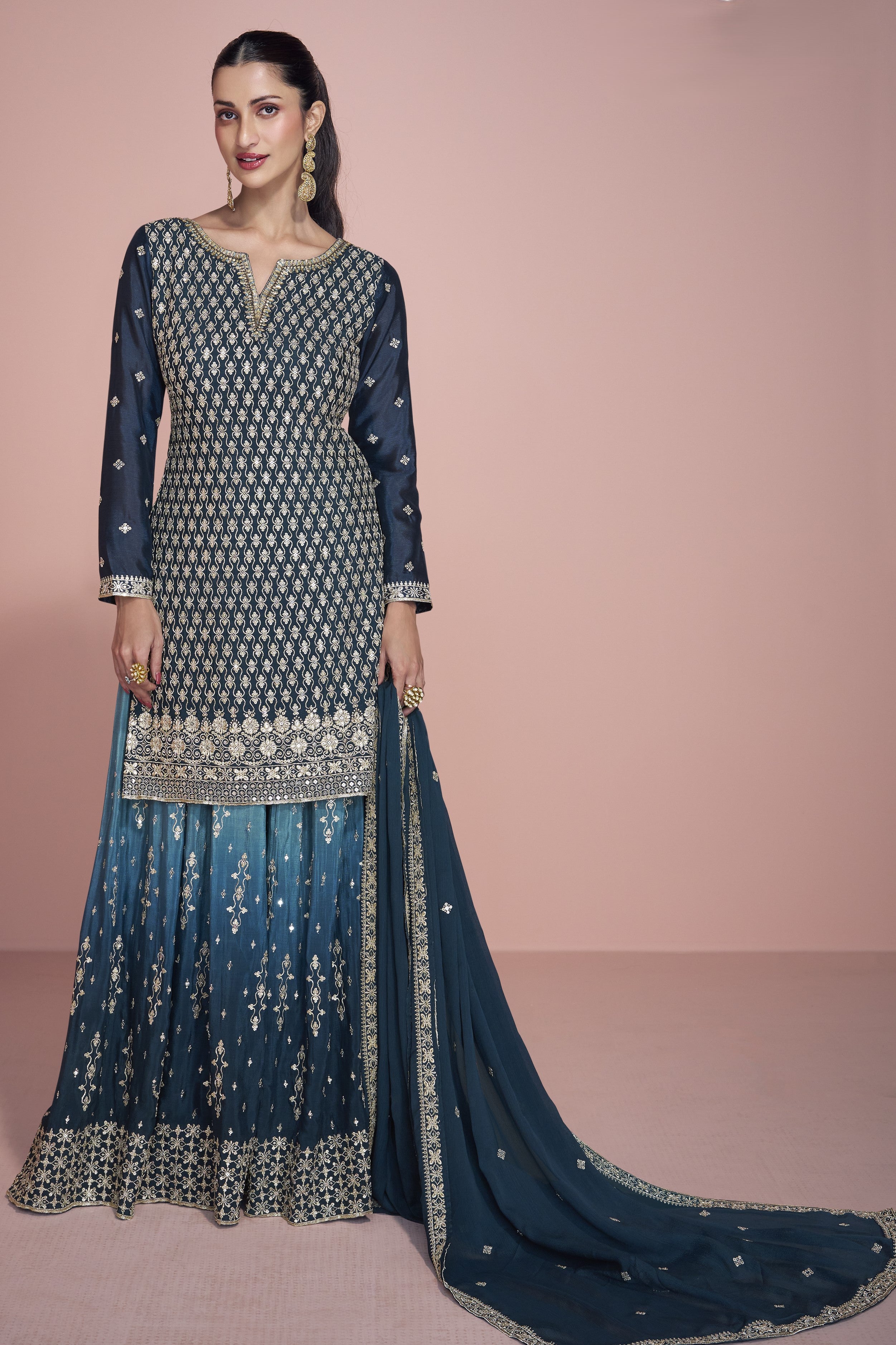 Dark Teal Chinon Silk Sharara Kameez Suit for Pakistani & Indian Festival - Embroidery Work