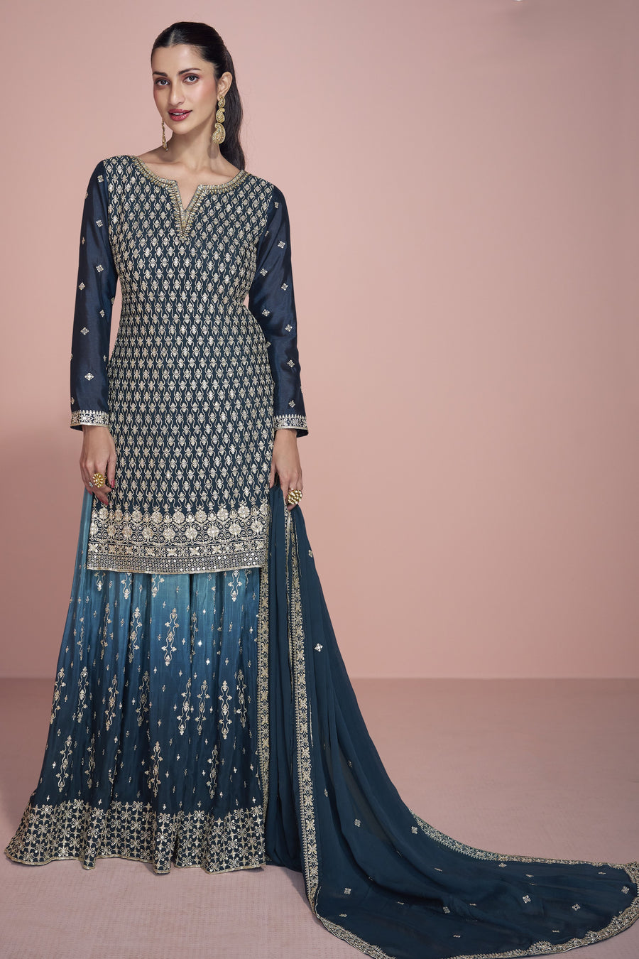 Dark Teal Chinon Silk Sharara Kameez Suit for Pakistani & Indian Festival - Embroidery Work