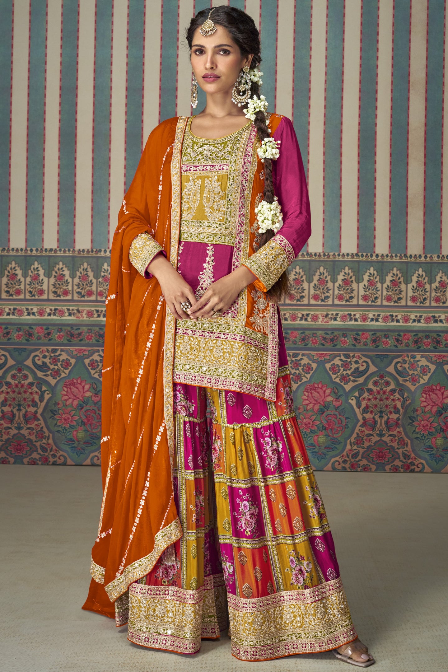 Pink Chinon Silk Sharara Kameez Suit for Pakistani & Indian Festival - Embroidery Work, Mirror Work